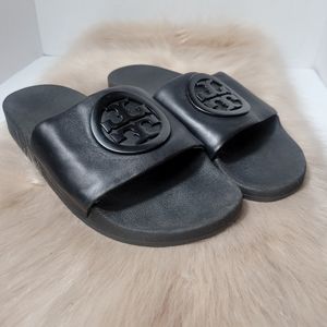 Tory Burch Lina Slide Black Leather Sandals Size 8